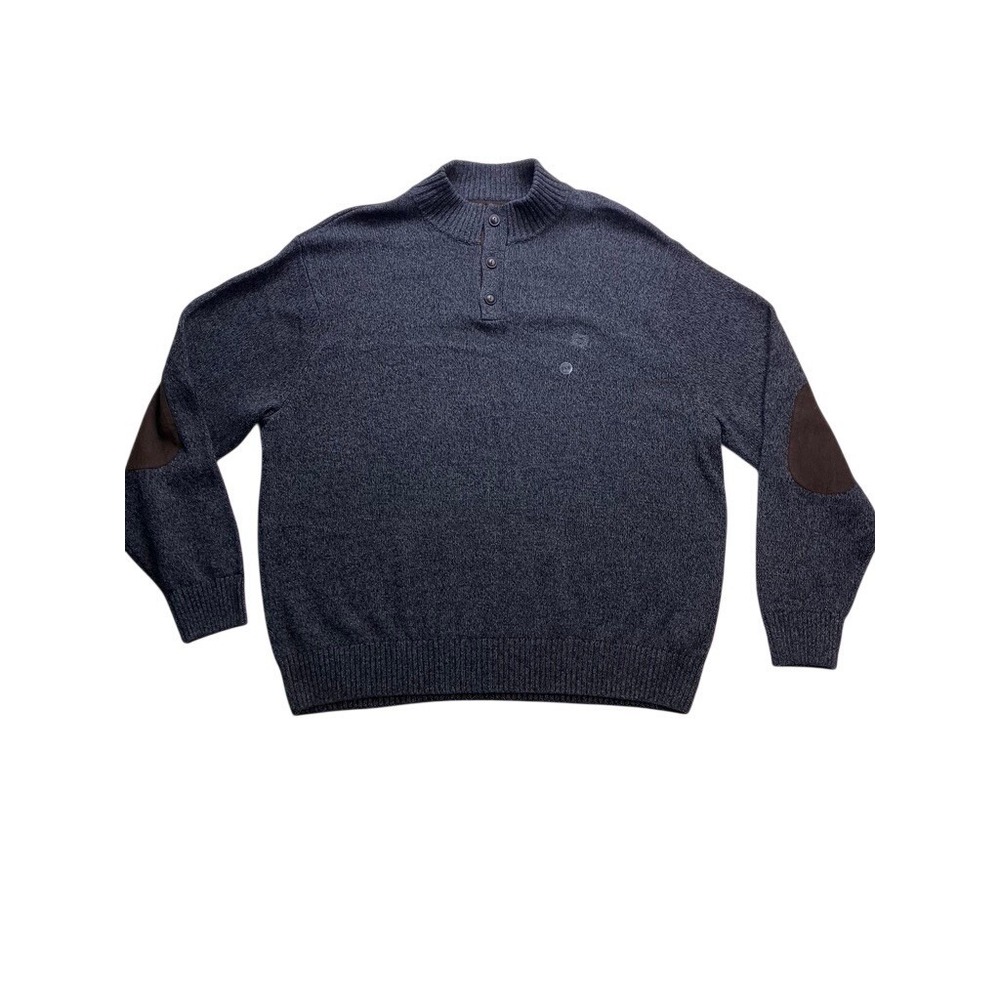 Chaps Quarter Button Sweater Mens 3XB Gray New Elbow Patches Mock Neck Cotton